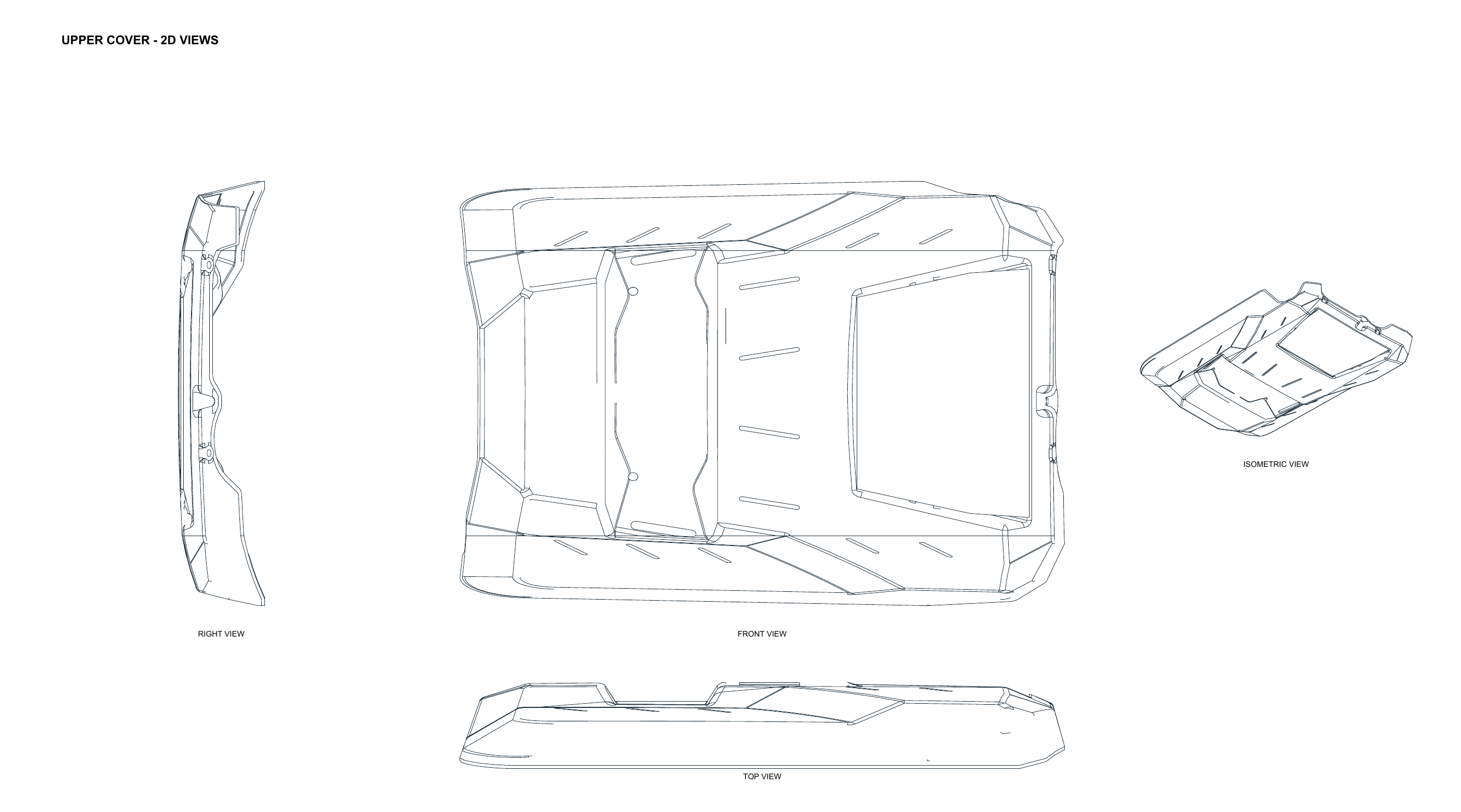 2D drawing of the upper cover with front, top, right and isometric CAD views.