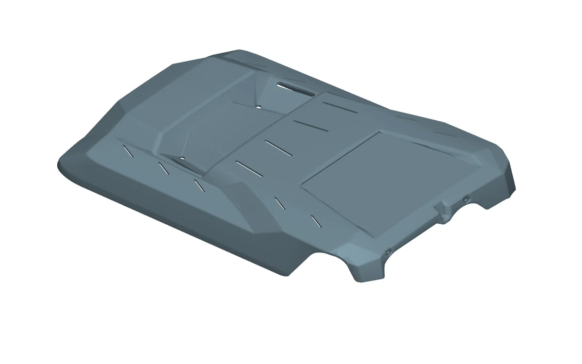 Oblique shaded view of the actual upper-cover revision 002 3D CAD model, showing its recessed panel, slots and side profile.